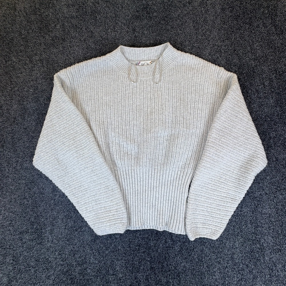 Pink Rose Sweater Womens Large Gray Ribbed Chenille Knit‎ Stretch Long Sleeve